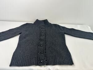 Sarah Spencer Womens S Gray Merino Wool Beaded Trim Button Cardigan Sweater